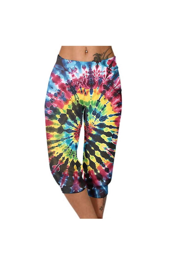 Casual Capri Pants Women Summer Athletic Tie Dye Print Elastic Waist Sweatpants with Pocket Joggers Fashion Bottoms, Multicolor, M