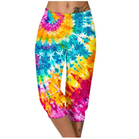 Casual Capri Pants Women Summer Athletic Tie Dye Print Elastic Waist Sweatpants with Pocket Joggers Fashion Bottoms, Multicolor, XXL