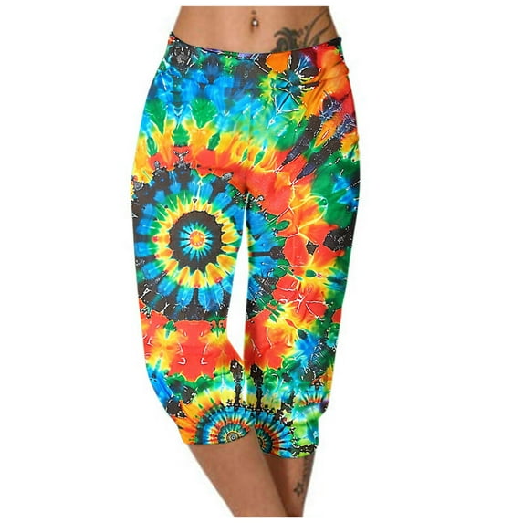 Casual Capri Pants Women Summer Athletic Tie Dye Print Elastic Waist Sweatpants with Pocket Joggers Fashion Bottoms, Multicolor, XXXL