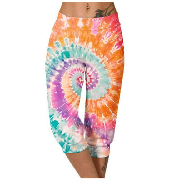 Casual Capri Pants Women Summer Athletic Tie Dye Print Elastic Waist Sweatpants with Pocket Joggers Fashion Bottoms, Orange, XXXL