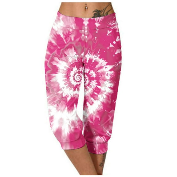 Casual Capri Pants Women Summer Athletic Tie Dye Print Elastic Waist Sweatpants with Pocket Joggers Fashion Bottoms, Pink, L
