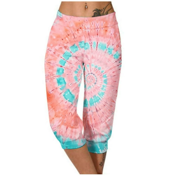 Casual Capri Pants Women Summer Athletic Tie Dye Print Elastic Waist Sweatpants with Pocket Joggers Fashion Bottoms, Pink, L