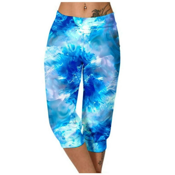 Casual Capri Pants Women Summer Athletic Tie Dye Print Elastic Waist Sweatpants with Pocket Joggers Fashion Bottoms, Sky Blue, XXL