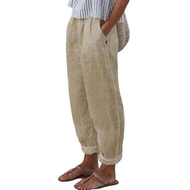 Casual Capri Pants for Women Elastic Waist Cotton Linen Pant Slit Capris Summer Fall Lounge Cropped Dress Pants Plus Size with Pockets