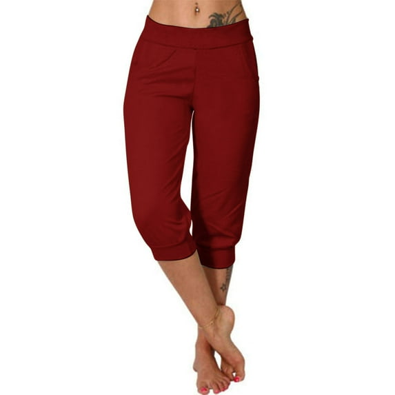 Casual Capris for Women Elastic Waist New Women's Yoga Capris Pants Gradient Loose Soft Workout Pants Outdoor Sports Casual Pants with Pockets Style B-19 Wine XL
