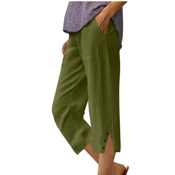 Casual Capris for Women Trendy Plus Size New Women's Summer Linen Solid Color Pockets Elastic Waist Capris Shorts Pants Style B-32 Army Green XXL