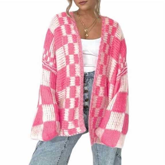 Casual Cardigan Sweater for Women Fall Long Sleeve Open Front Chunky Knit Sweaters Checkered Outwear Coat Light Pink L