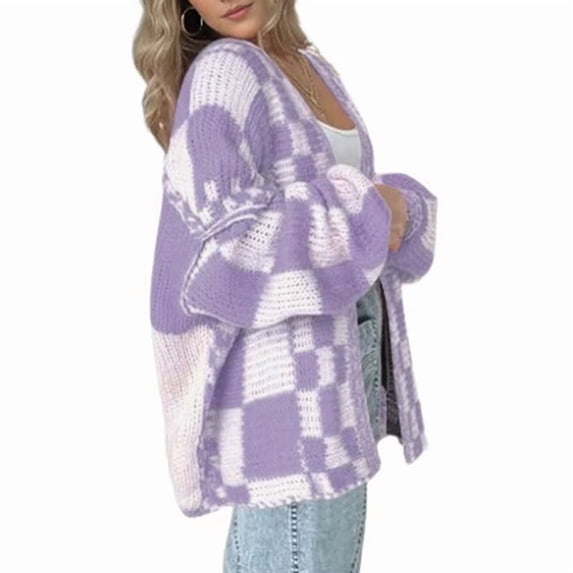 Casual Cardigan Sweater for Women Fall Long Sleeve Open Front Chunky Knit Sweaters Checkered Outwear Coat M
