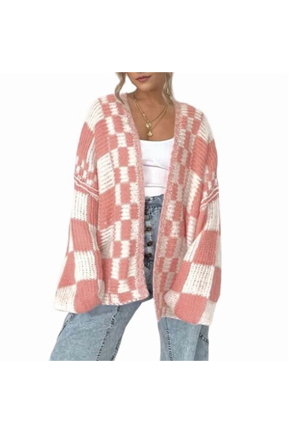 Casual Cardigan Sweater for Women Fall Long Sleeve Open Front Chunky Knit Sweaters Checkered Outwear Coat Pink L