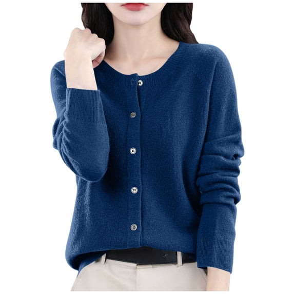 Casual Cardigan Sweaters for Women Loose Fit Long Sleeve Crewneck Button Up Knitted Jacket Outerwear Tops (2XL, Navy)
