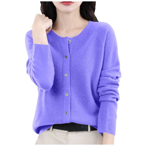 Casual Cardigan Sweaters for Women Loose Fit Long Sleeve Crewneck Button Up Knitted Jacket Outerwear Tops (M, Purple)
