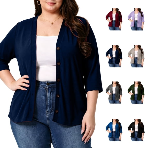 Casual Cardigans for Women Solid Color Plus Size Cardigan With Three-quarter Sleeves for Daily Wear