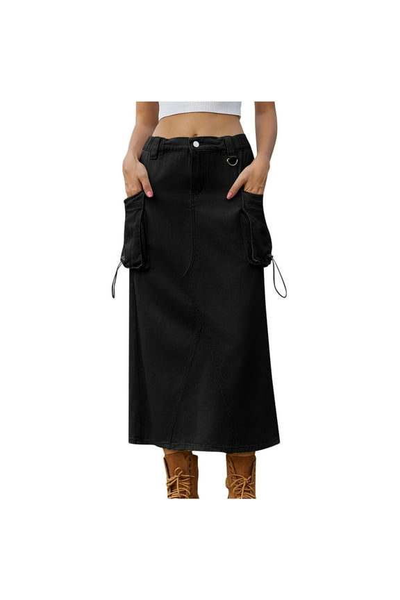 Casual Cargo Long Skirts for Women Mid Waist Solid Color Drawstring Maxi Skirt 90s Girls Vintage Harajuku Streetwear