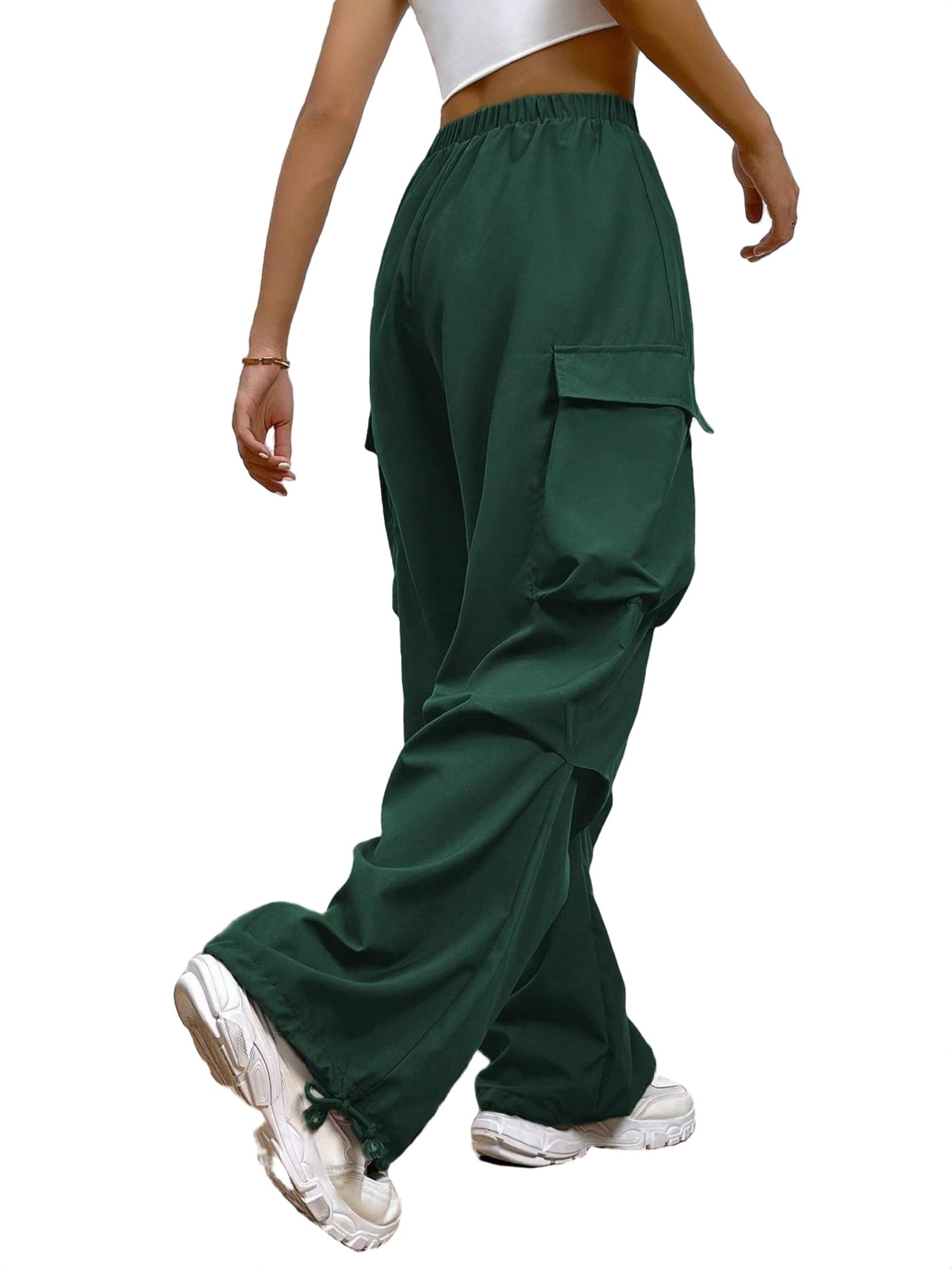 Casual Cargo Pants Plain Dark Green Long Women Pants