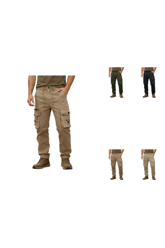 Casual Cargo Pants, Solid Color Utility Trousers with 8 Pockets for Men's Outdoor Hiking Work, Lightweight Daily Wear (No Belt)