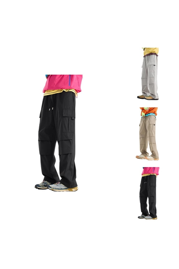 Casual Cargo Pants for Men Elastic Waist Drawstring Loose Baggy Parachute Pants with Pockets Trousers