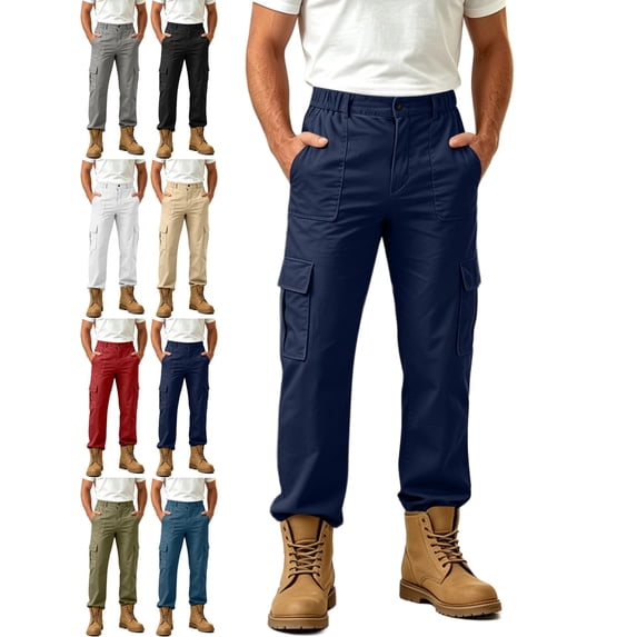 Casual Cargo Pants for Men Elastic Waist Multiple Pockets Cuffed Everyday Outdoor Pants