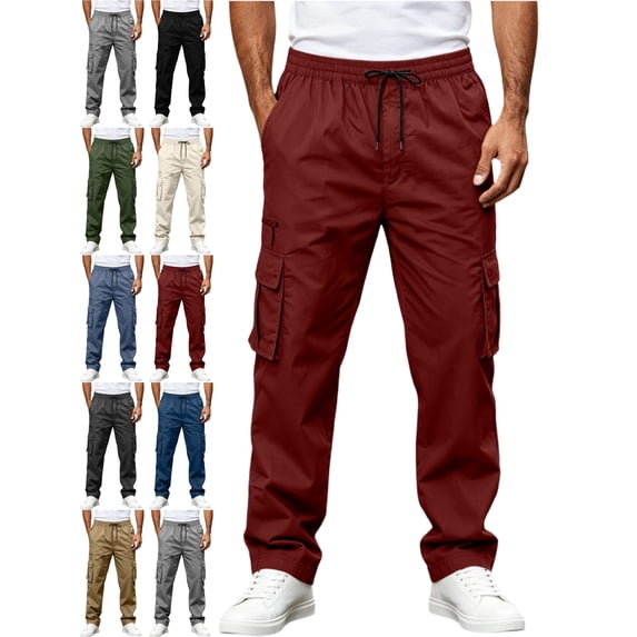 Casual Cargo Pants for Men Relaxed Fit Straight Leg Elastic Waist Drawstring Multiple Pockets Durable Pants