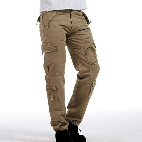 Casual Cargo Pants for Men Trendy Summer Button Zipper Utility Multi-Pocket Hiking Pant Solid Color Straight Outdoor Trousers