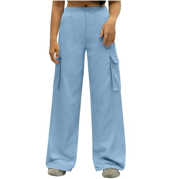 Casual Cargo Pants for Women Elastic High Waist Lounge Sweatpants Side Pocket Straight Wide Leg Fashion Workout Pants, Blue, M