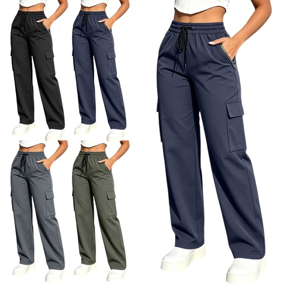 Casual Cargo Pants for Women Straight Leg Elastic Waist Multi Pocket Athletic Versatile Solid Joggers