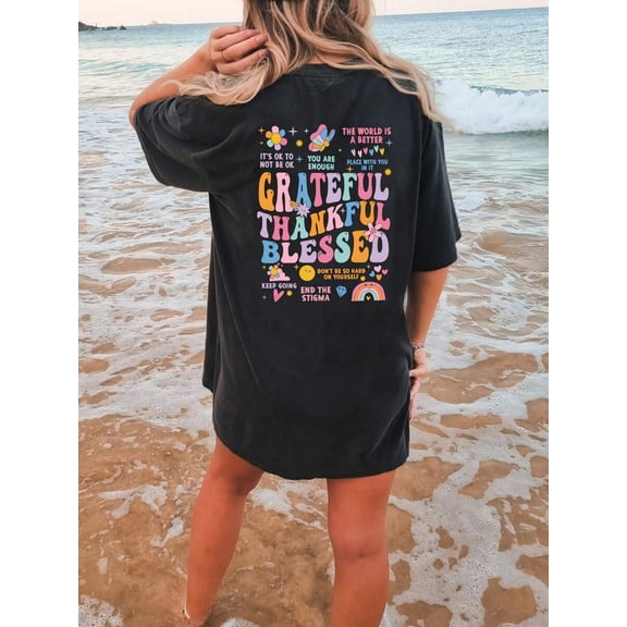 Casual Cartoon & Slogan Printed Drop Shoulder Short Sleeve T-Shirt GRATEFUL THANKFUL Graphic Tees Women Tops