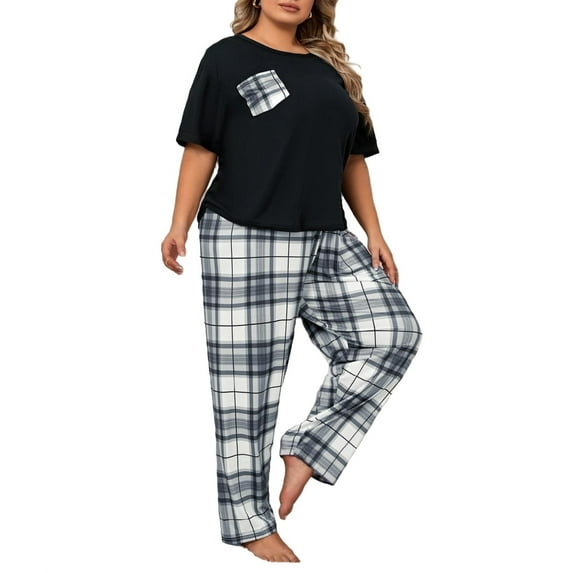 Casual-Casual Plaid Print Scoop Neck Pant Sets Elbow-Length Black and White Plus Size Pajama Sets (Women's)