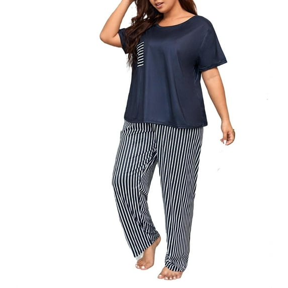 Casual-Casual Women's Scoop Neck Short Sleeve Striped Pajamas, Blue and White