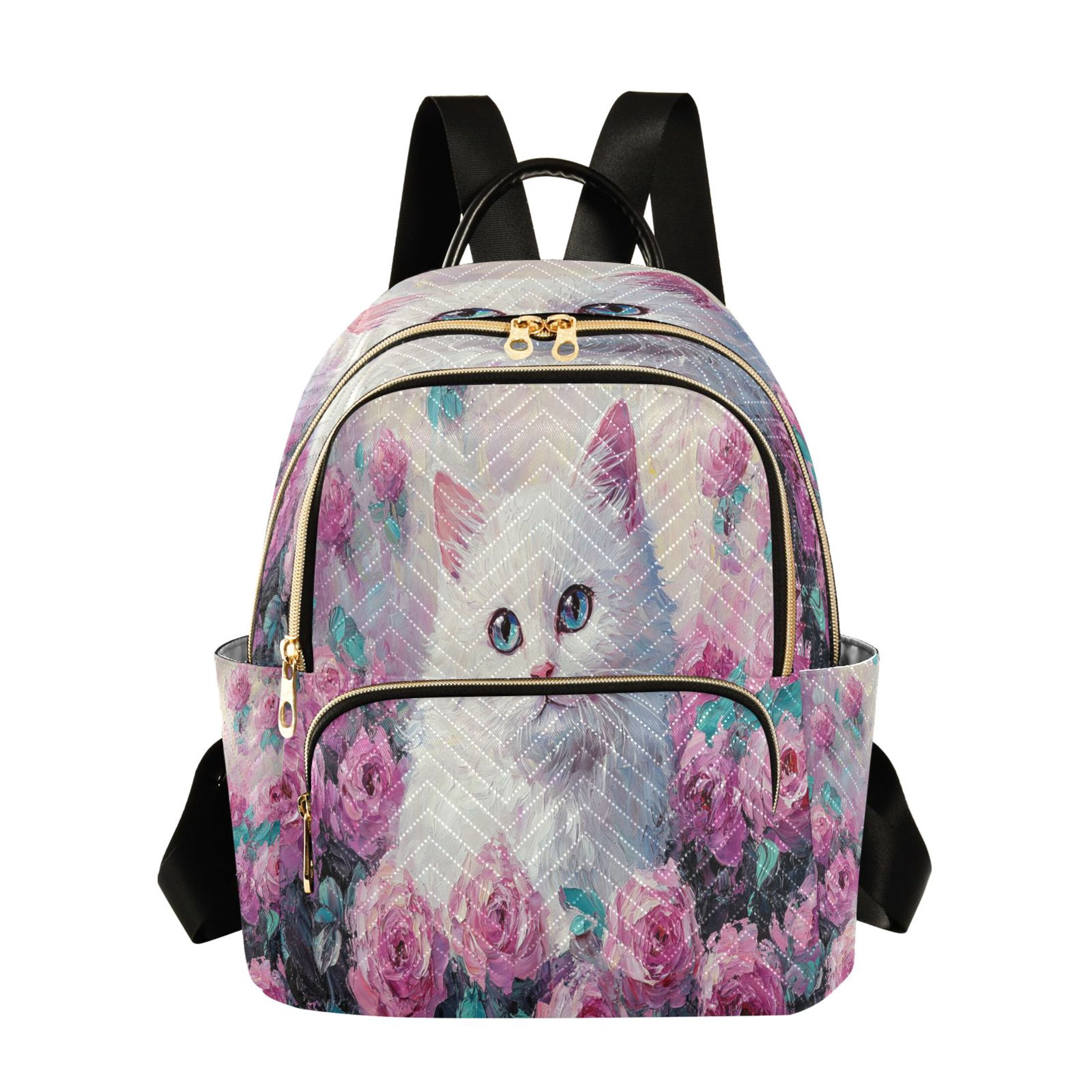 Casual Cat Among Colorful Roses Painting Backpack for School,College ...