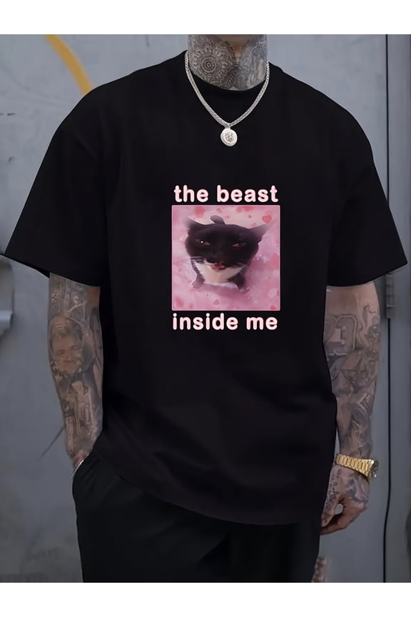 Casual Cat Pattern T-Shirt - "The Beast Within Me" Slogan Print, Black with  Letters and Cute Kitten Design, Soft Round Neck Short Sleeve, Machine Washable Regular Fit