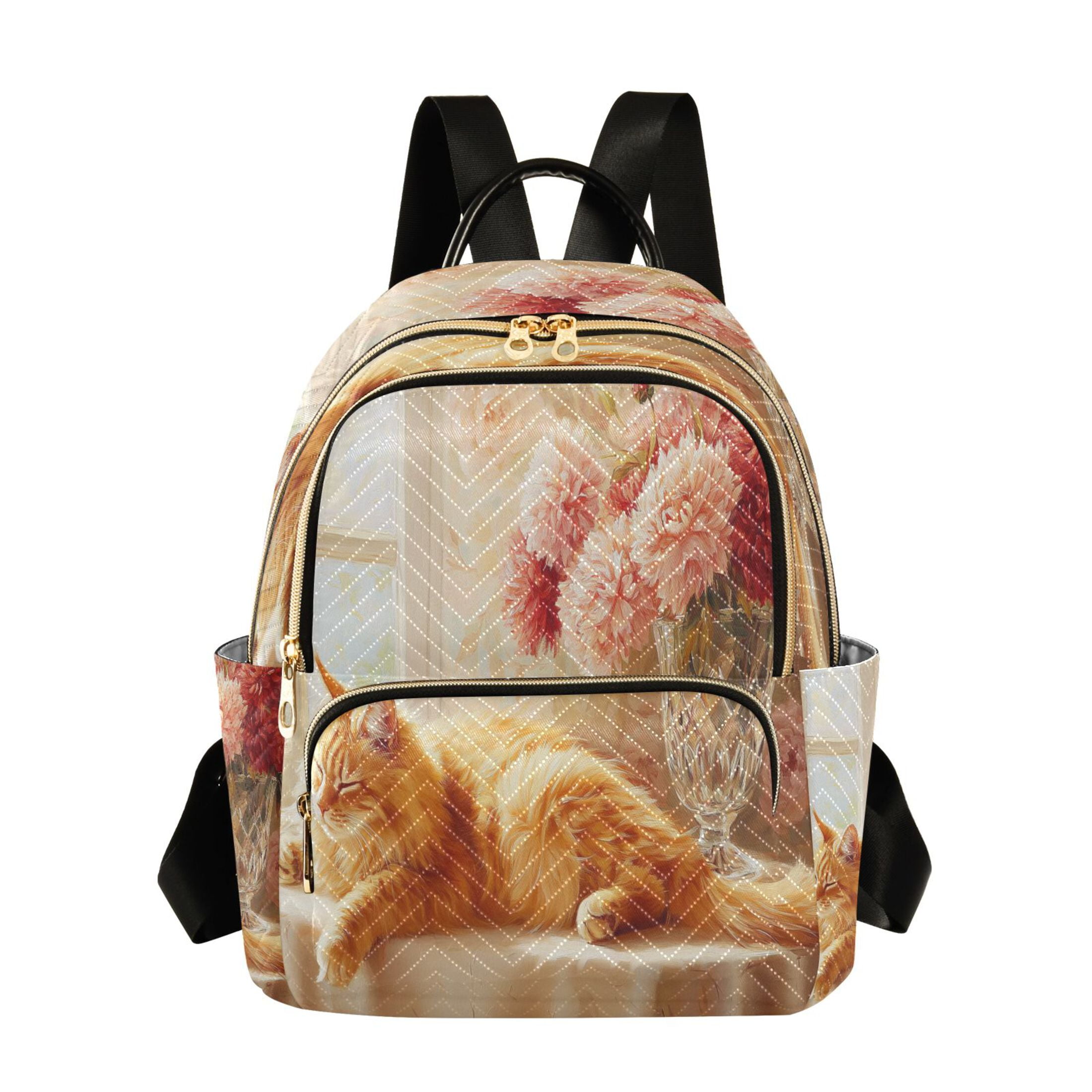 Casual Cat Sleeping Beside Flowers Backpack for School,College and Travel, Water Resistant Bookbag,