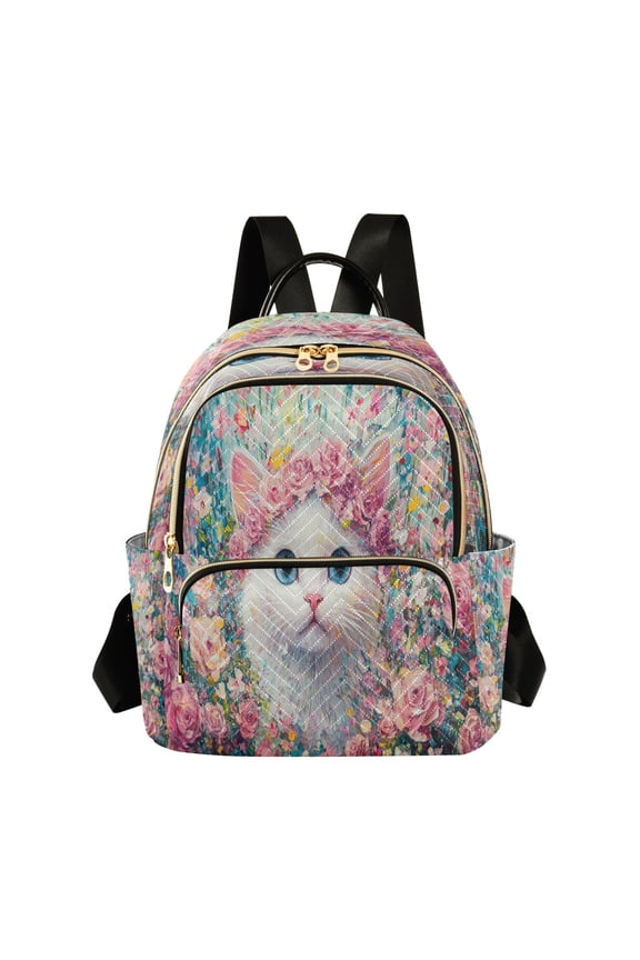 Casual Cat Surrounded by Pink Roses Backpack for School,College and Travel, Water Resistant Bookbag,