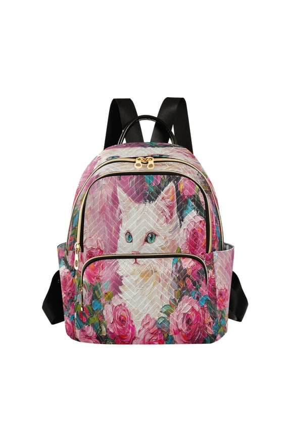 Casual Cat Surrounded by Rose Backpack for School,College and Travel, Water Resistant Bookbag,