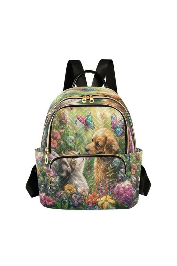 Casual Cat and Dog in Garden Backpack for School,College and Travel, Water Resistant Bookbag,