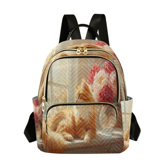 Casual Cat by Window with Flowers Backpack for School,College and Travel, Water Resistant Bookbag,