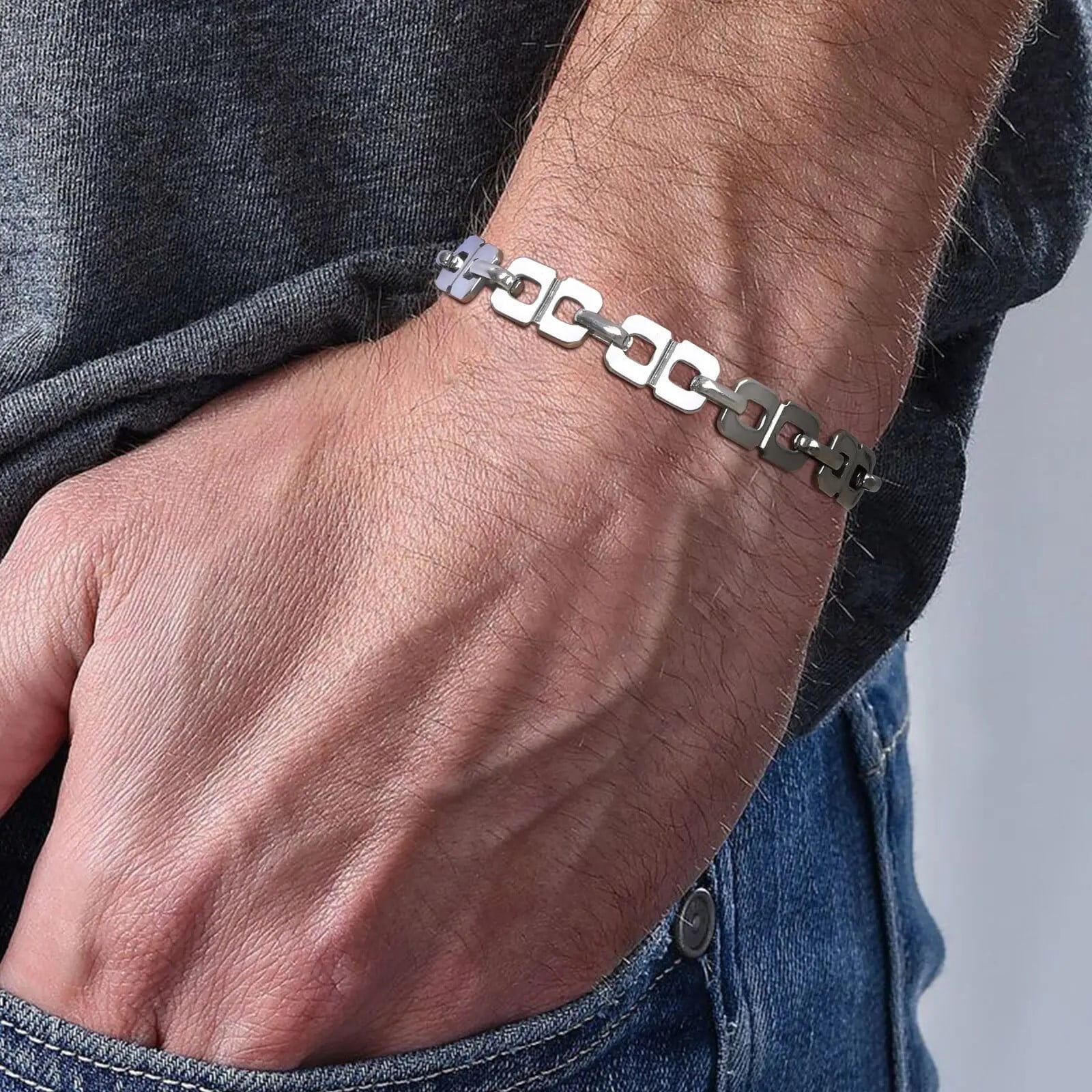 Casual Chain Bracelets for Men Boys,14K White Gold Waterproof 8 Chain Link Wristband with Lobster Buckle,Punk Jewelry Gift