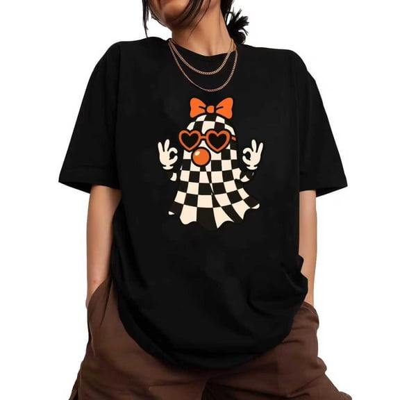 Casual Checkered Ghost Graphic Cute Tee T Shirt Tops Short Sleeve Round Neck Black S-5XL