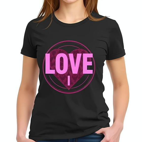 Casual Chic Black T-Shirt with Maroon Heart Graphic and Pink 'LOVE' Text - Soft Blend Short Sleeves