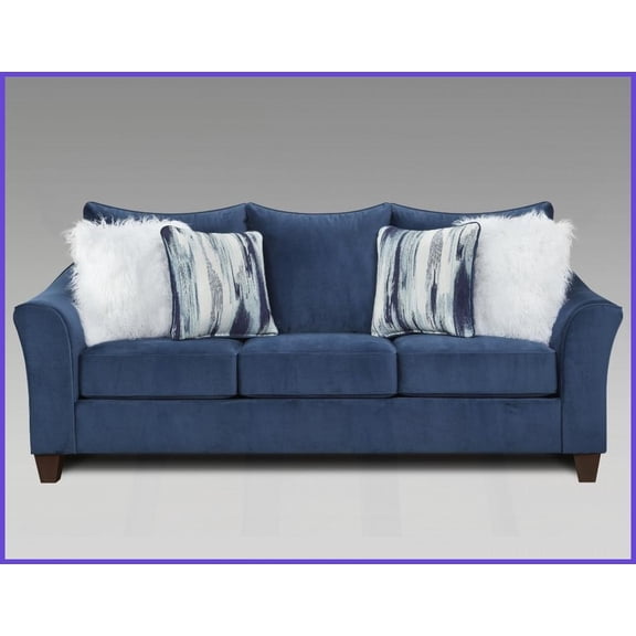 Casual Chic Navy Blue Fabric Pillowback Sofa Living Room Seating with Accent Pillows