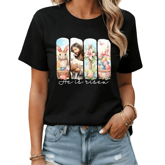 Casual Christian Easter Resurrection Graphic Tees Womans Tshirt Shirts Black White S-5XL Tops