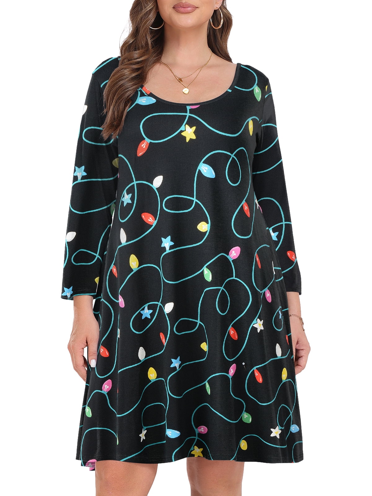 Casual Christmas Dresses for Women, VEPKUL 3/4 Sleeve Plus Size T Shirt Dress Crew Neck Flowy Loose Fits Swing Dress with Pockets