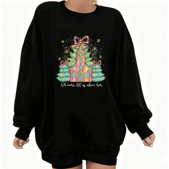Christmas Tree Graphic Breathable Tee T-Shirt Top Church Print Top Round-neck long-sleeved Black S-3XL