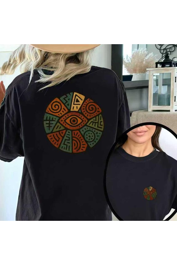 Casual Circular Emblem Graphic Tee Patterned Brown Green Design Short Sleeve Round Neck T-Shirt Black S-5XL