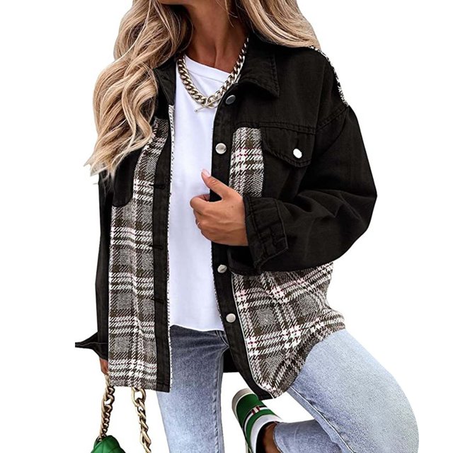 Casual Coat for Women Denim Jacket Long Sleeve Plaid Button Up Shirt