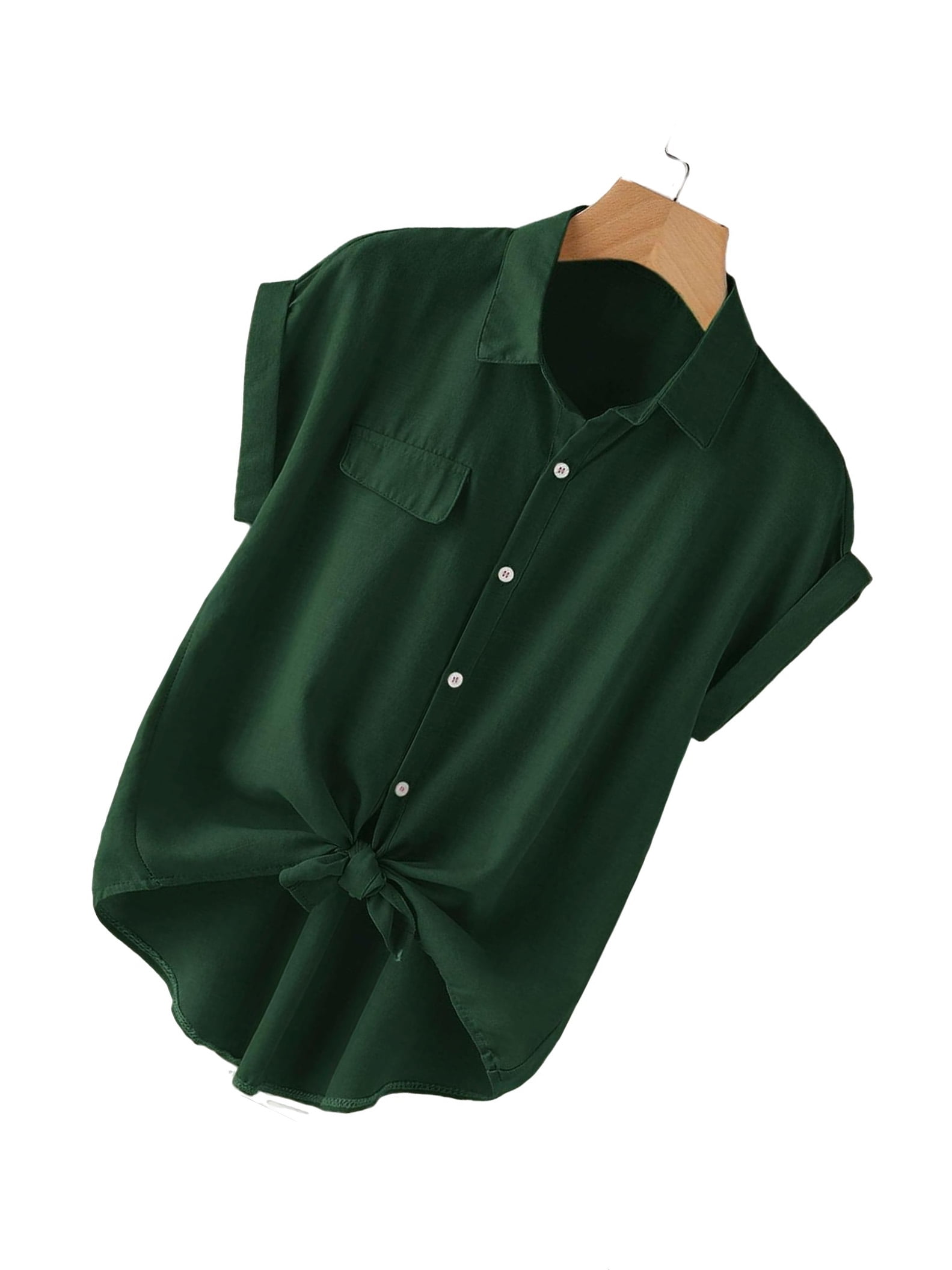 Casual Collar Shirt Short Sleeve Dark Green Plus Size Blouses (Women's