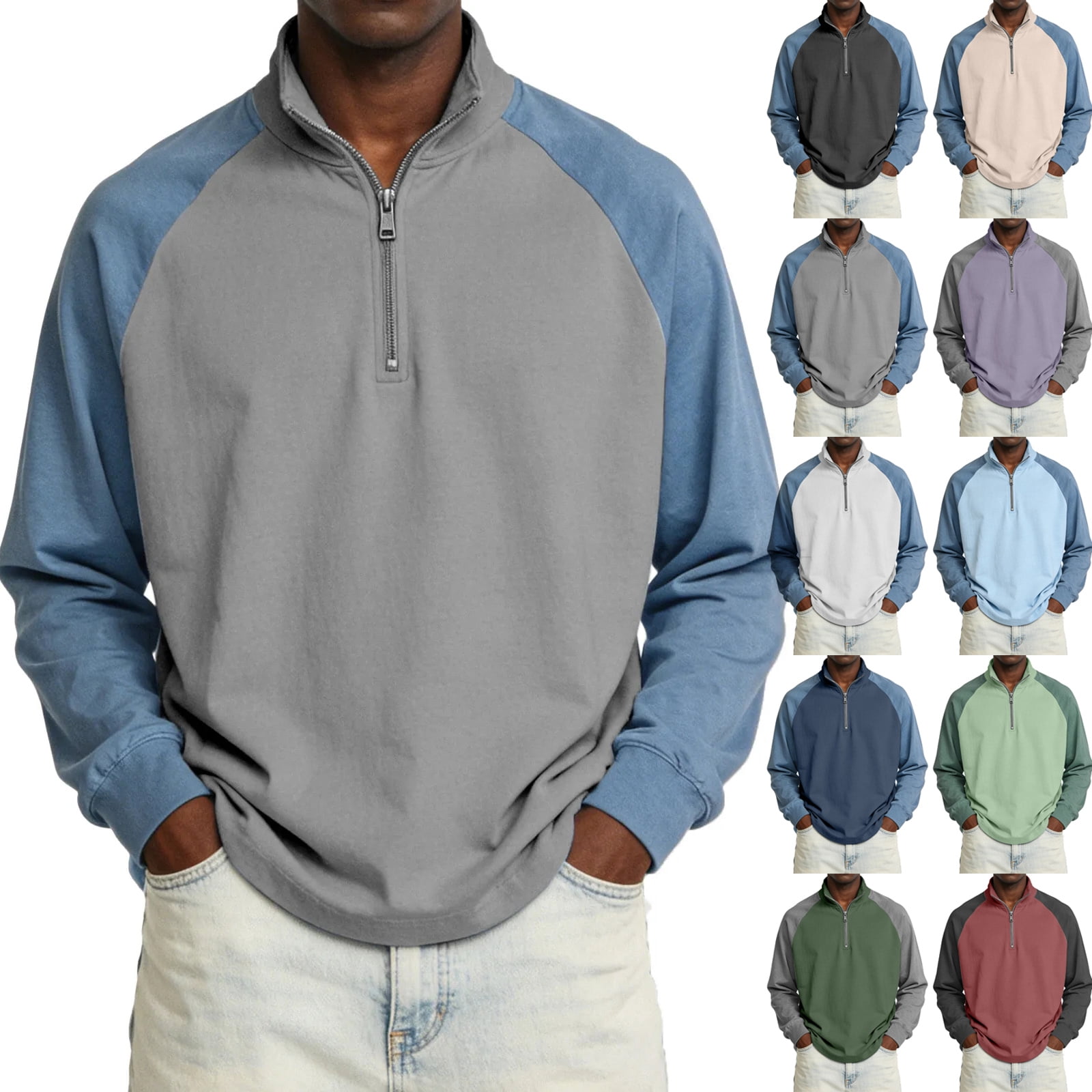 Casual Color Block Half Zip Sweatshirt for Men Raglan Sleeve Stand ...