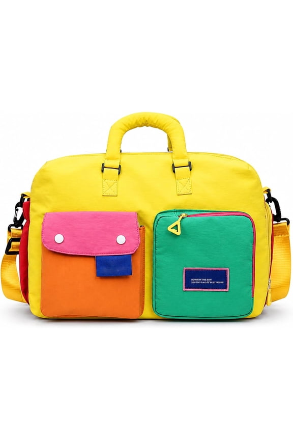 Casual Color Block Overnight Bag, Large Weekender Travel Duffle, Water-Resistant Nylon Travel Tote with Crossbody Strap for Weekend Getaways, Gym and Air Travel
