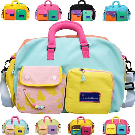 Casual Color Block Overnight Bag, Spacious Durable Travel Duffel with Carry Handles for Gym, Weekend Trips