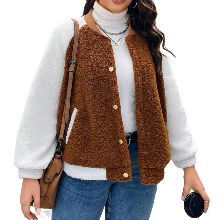 Casual Colorblock Baseball Collar Teddy Jacket Plus Size Jackets Women s