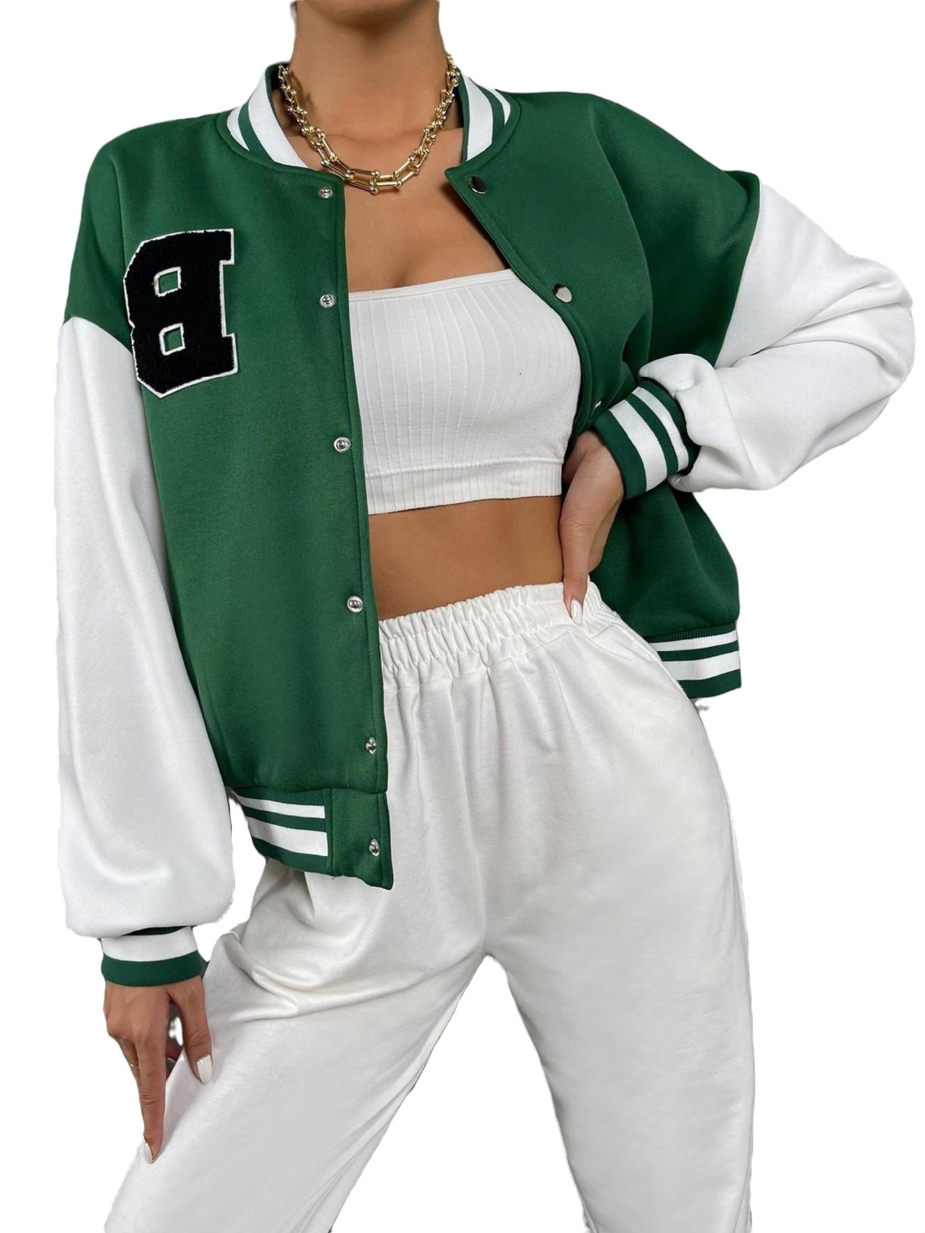 Casual Colorblock Baseball Collar Varsity Long Sleeve Green Women's Jackets  (Women's) 